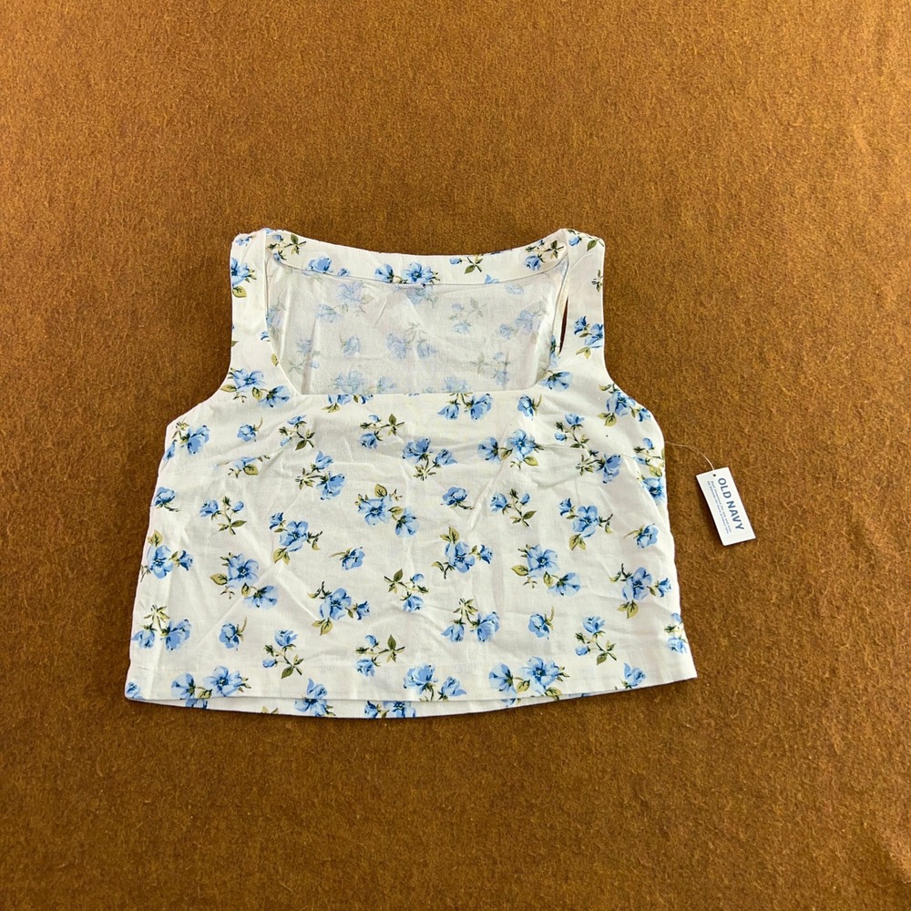 Old Navy Womens XS White Blue Floral Linen Blend Square Neck Crop Tank Top NWT